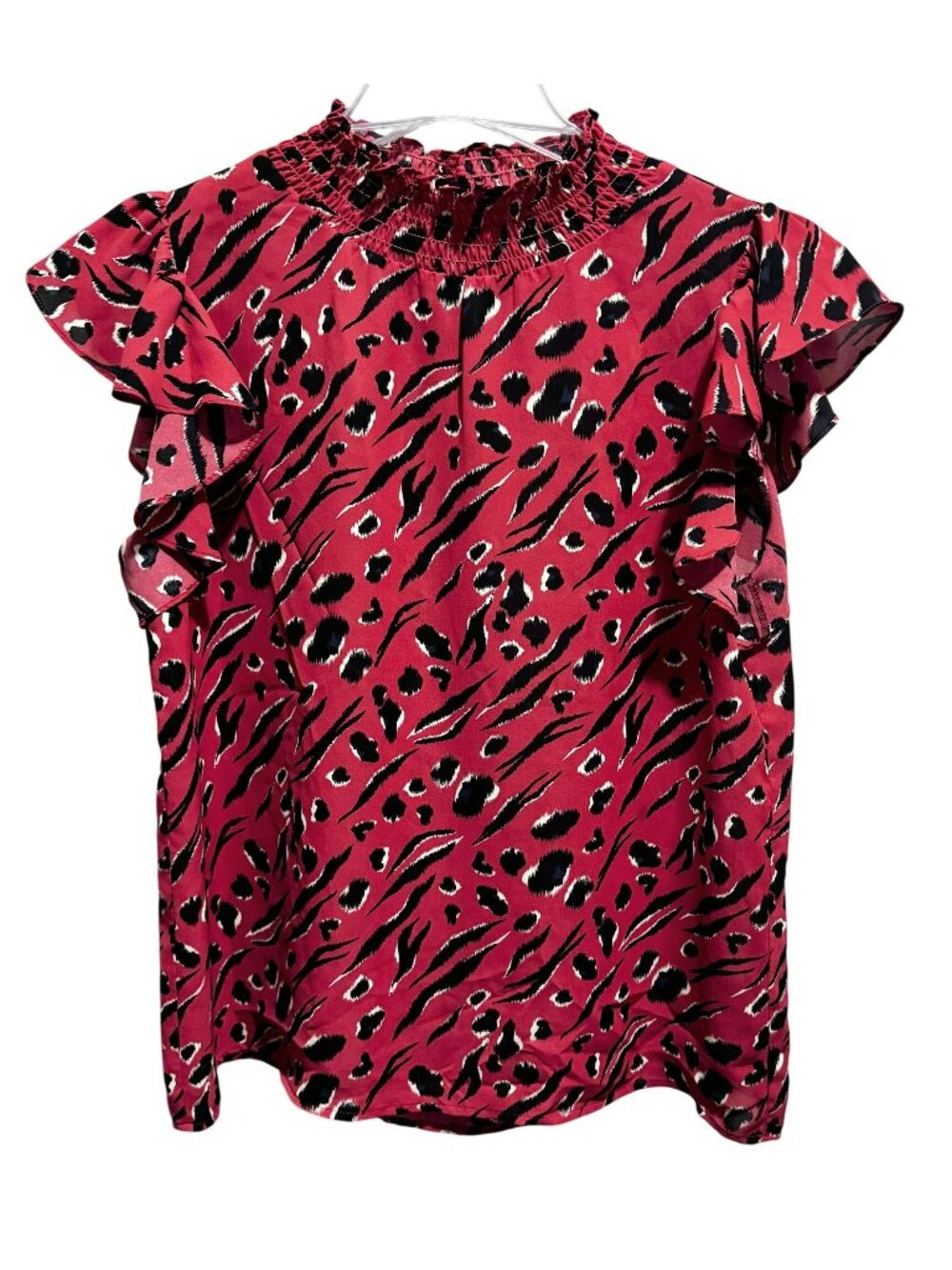 THML Red Animal Print Brushstroke Flutter Sleeve Pullover Top Smocked Ruffle M